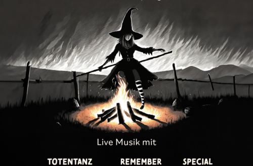 Plakat für die Veranstaltung. Eine Hexe tanz um ein Feuer.